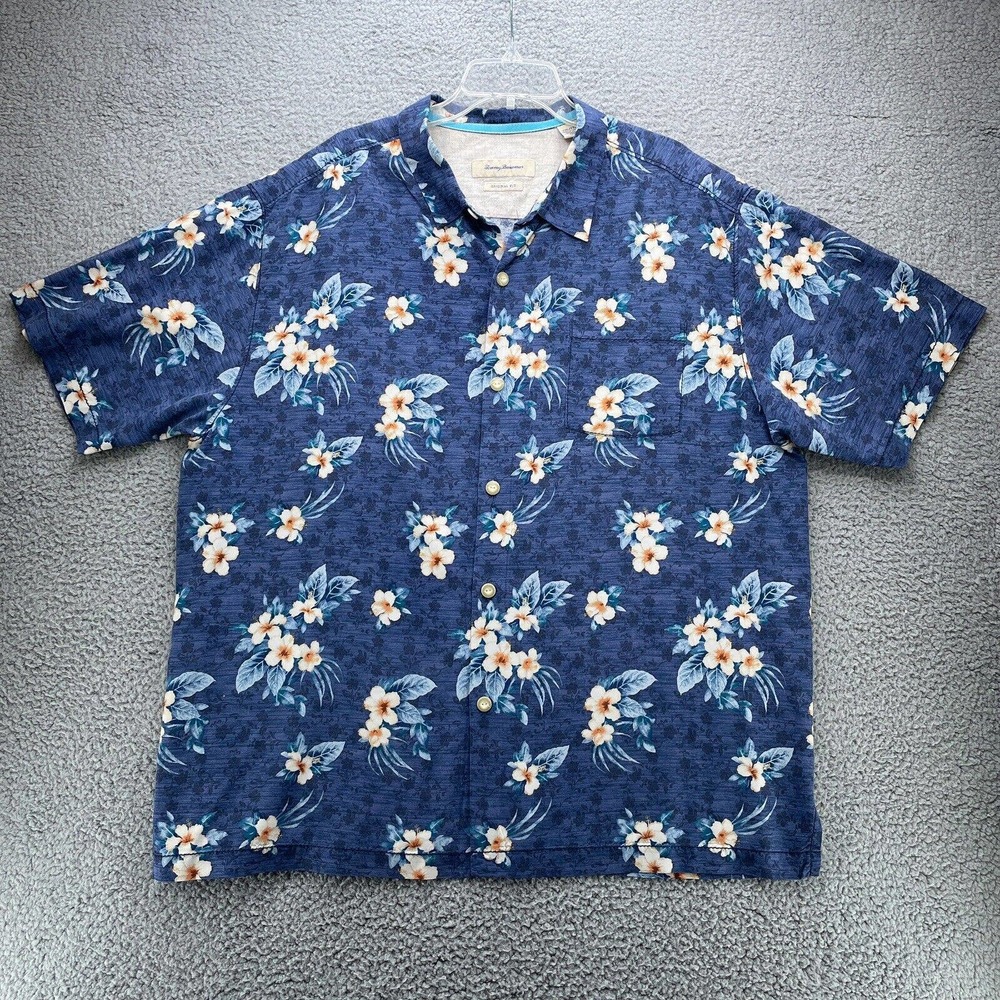 Tommy Bahama Shirt Mens 2XL Blue Silk Floral Print Hawaiian Camp Beach Casual